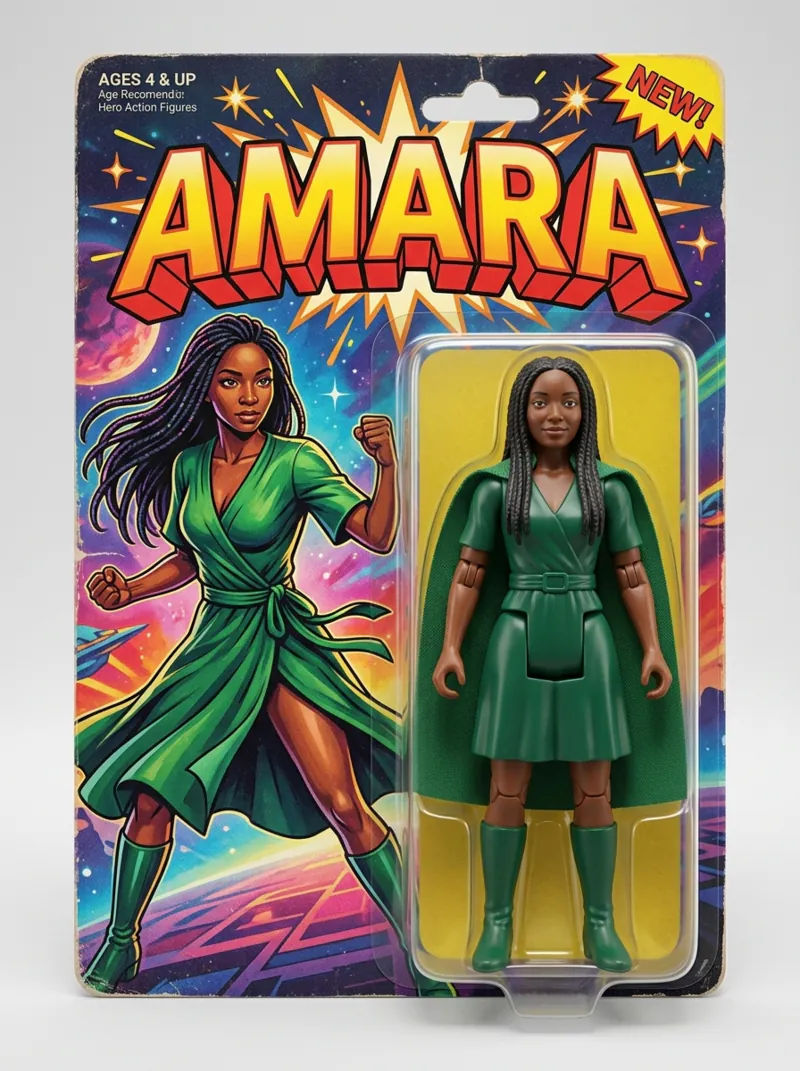A retro 1980s-style boxed action figure of a woman in a green dress with a cape, on a colorful illustrated card with the name AMARA