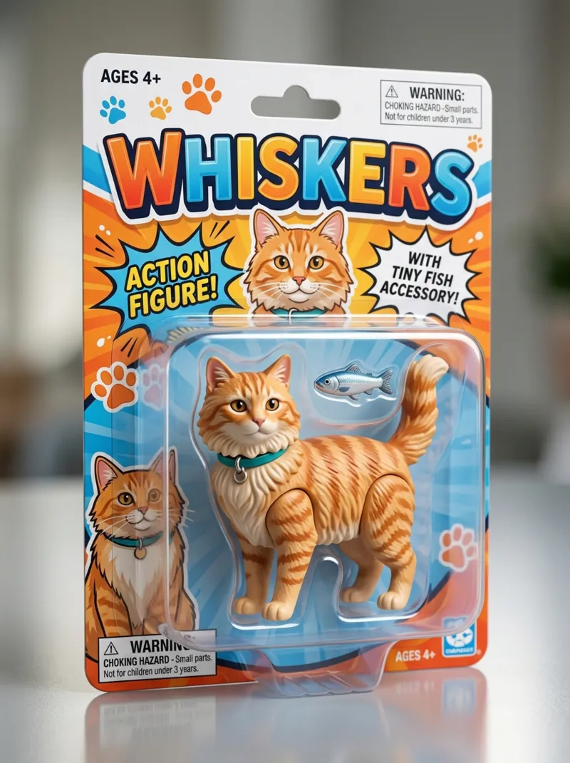 A boxed action figure of an orange tabby cat with a tiny fish accessory, the card header reads WHISKERS