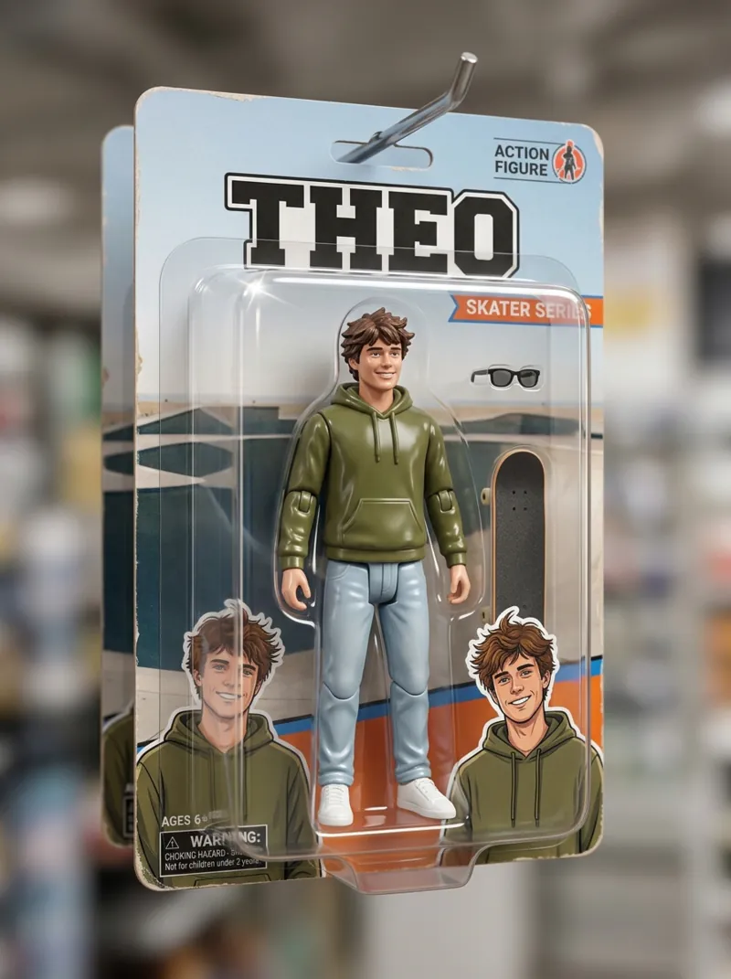 A boxed action figure of a young man in an olive hoodie with a skateboard and sunglasses, the card header reads THEO