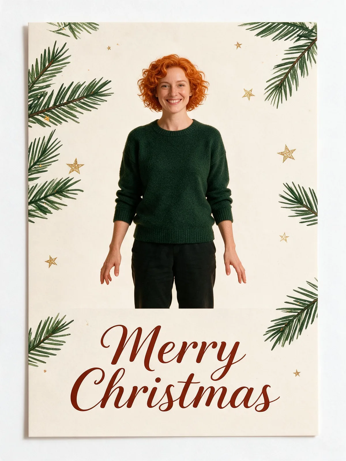 Cream Christmas card with a copper-haired adult portrait and the greeting Merry Christmas