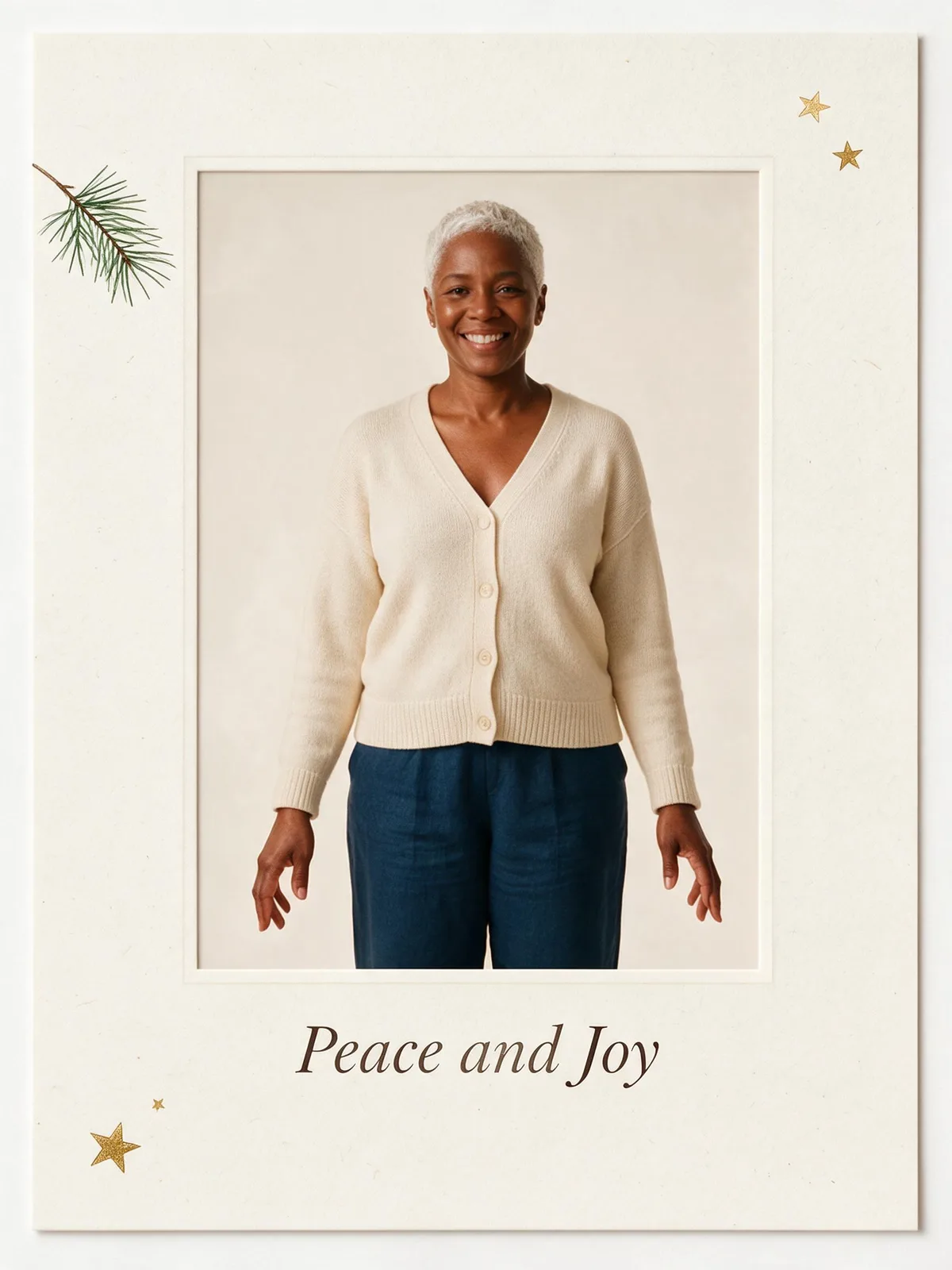 Cream portrait card with pine details and the greeting Peace and Joy