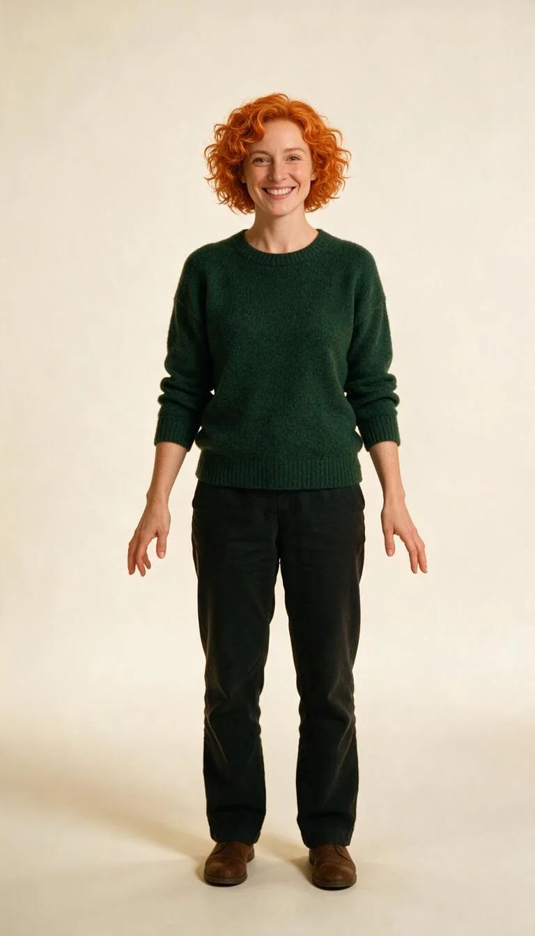 Fictional adult with copper curls in a green sweater on a plain studio background