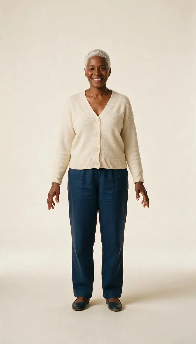 Fictional adult with short silver hair in a cream cardigan