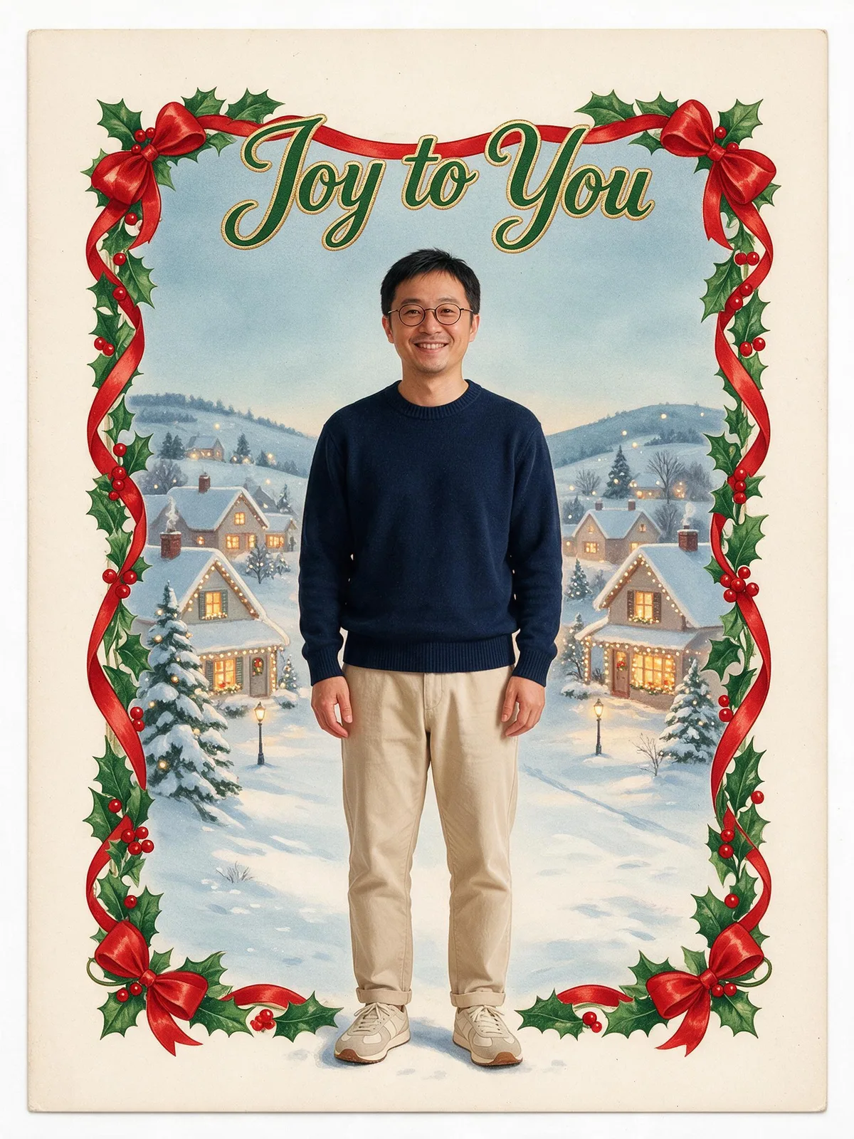 Painted winter Christmas card featuring an adult with glasses and the greeting Joy to You