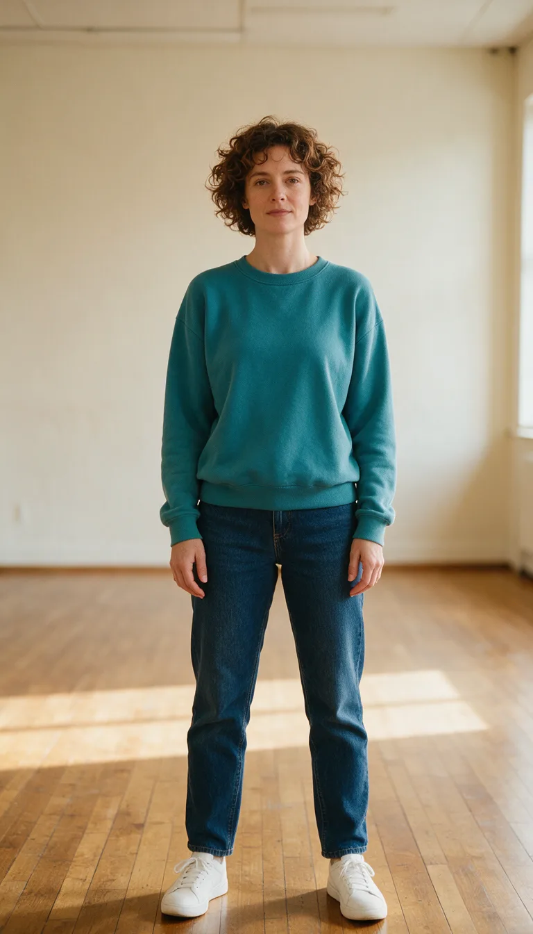 Fiktive erwachsene Frau mit kurzen braunen Locken, petrolfarbenem Sweatshirt, Jeans und weißen Schuhen im leeren Studio