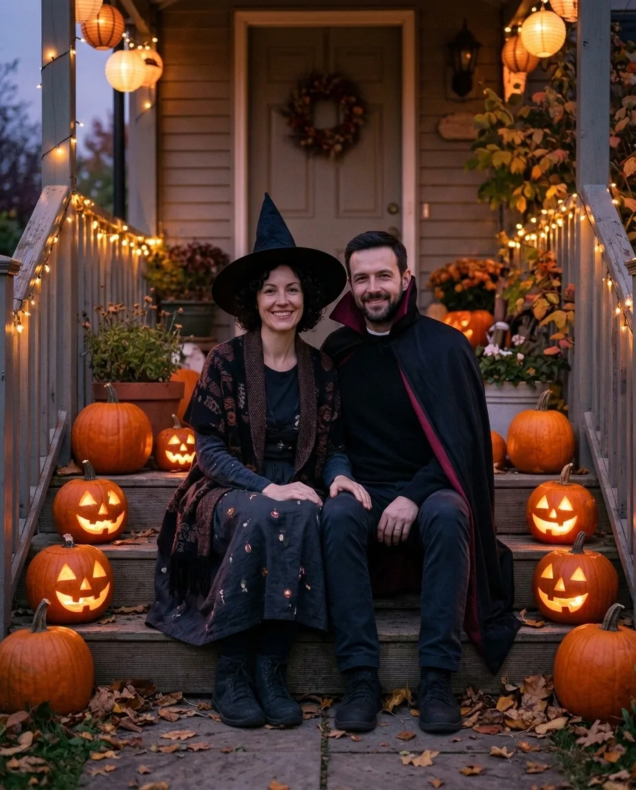 Due adulti in costume su un portico illuminato dalle zucche