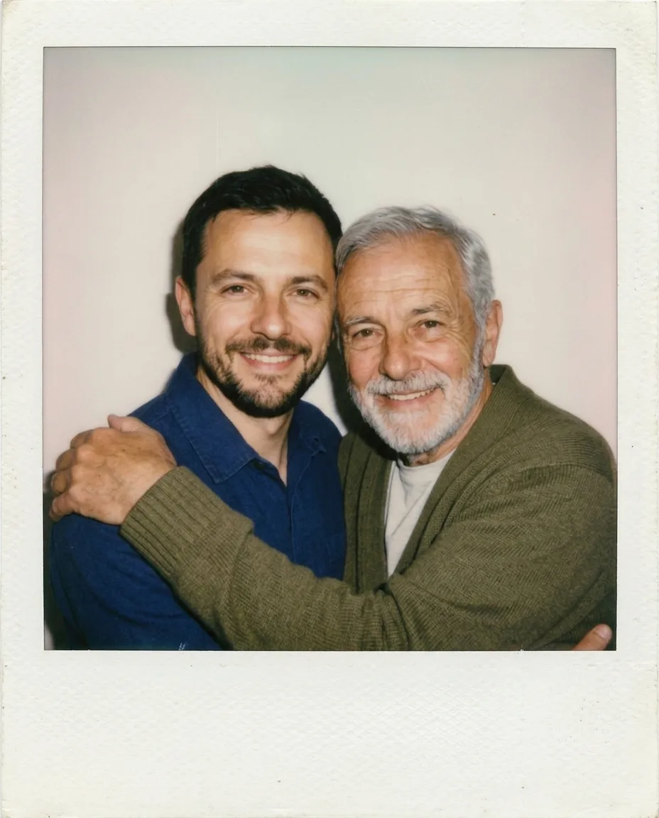 Hombre con barba junto a su yo mayor imaginado con pelo y barba grises