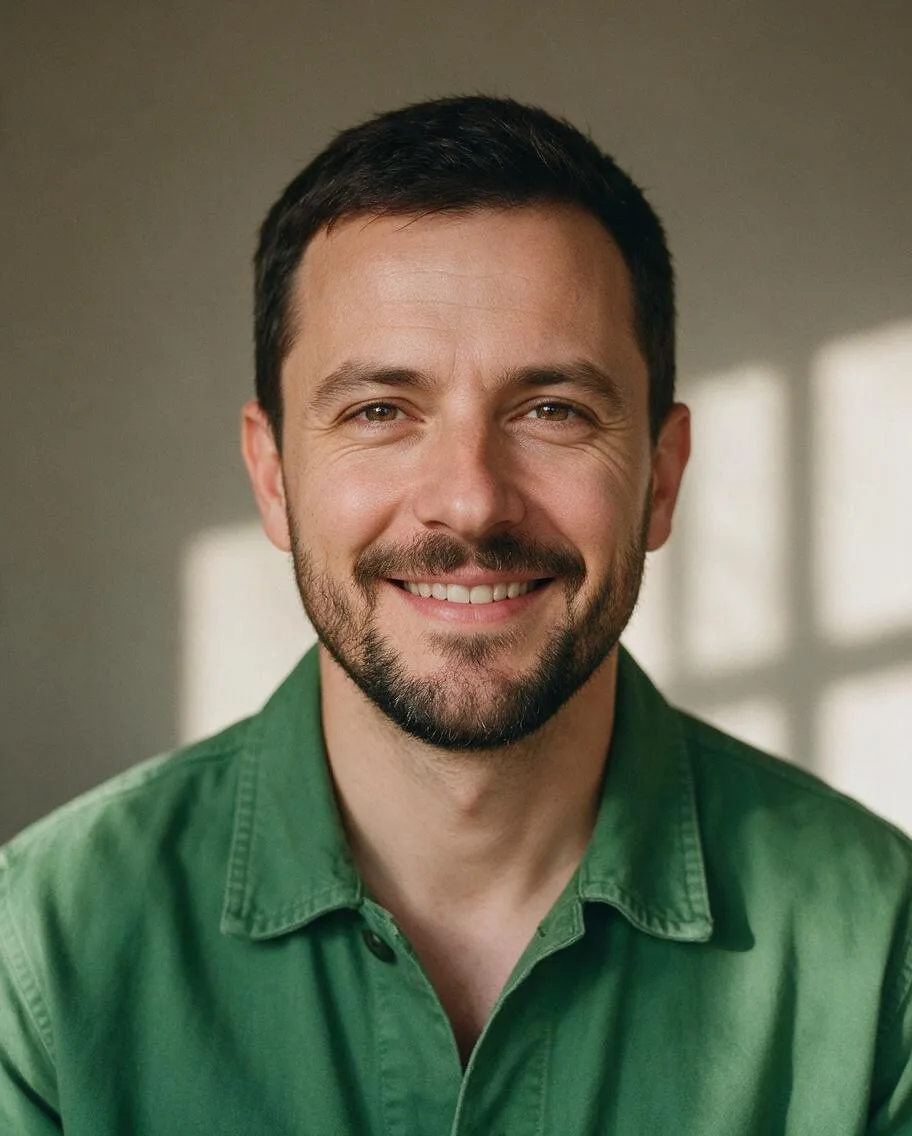 Adulto ficticio de pelo corto oscuro y barba con camisa verde
