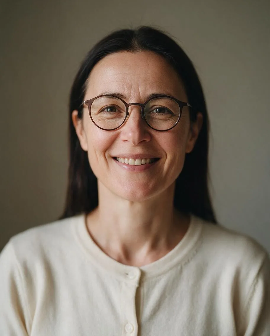 Adulta ficticia de pelo liso oscuro con gafas redondas y cárdigan crema