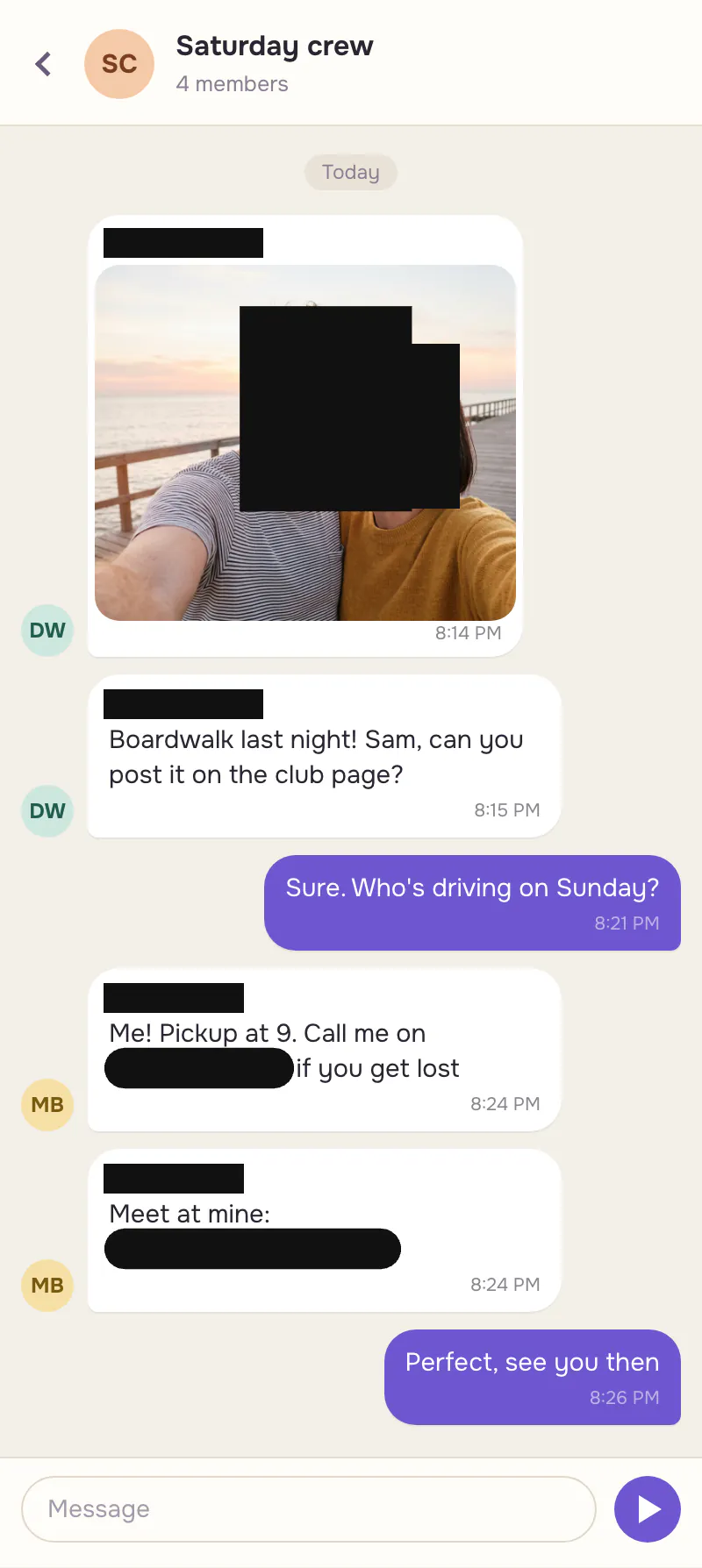 The same chat with both faces in the selfie, all four names, the phone number and the address covered by solid black shapes