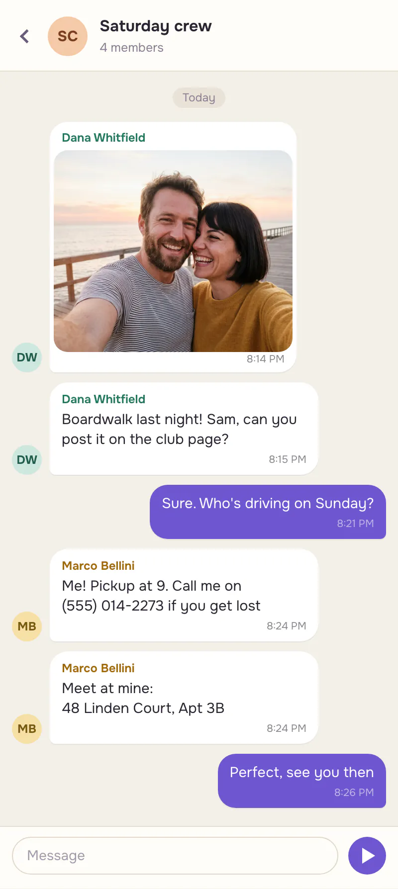 A mock group chat with a beach selfie of two friends, sender names, a phone number and a home address in the messages