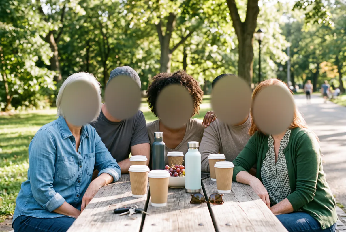 The same picnic photo with all five faces replaced by soft, featureless blurred ovals