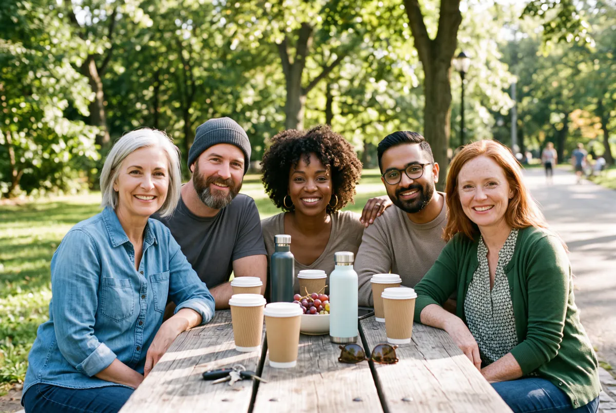 Five adult friends smiling at a wooden picnic table in a sunny park, with coffee cups and grapes on the table