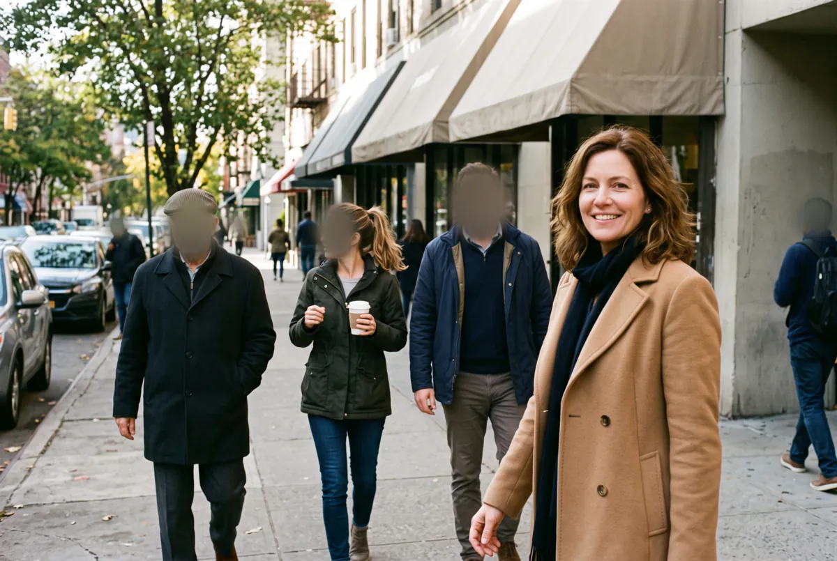 The same street photo with the woman in the camel coat still sharp and the faces of every person behind her blurred