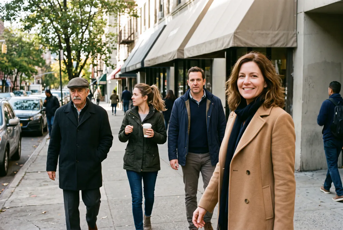 A smiling woman in a camel coat on a city sidewalk, with an older man in a flat cap, a woman with a ponytail and a man in a navy jacket walking behind her