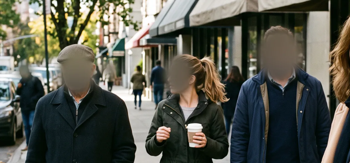 Close-up of three people on the sidewalk whose faces are soft, blurred patches