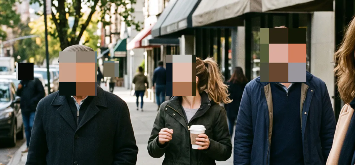 Close-up of the same three people whose faces are covered by large square color blocks