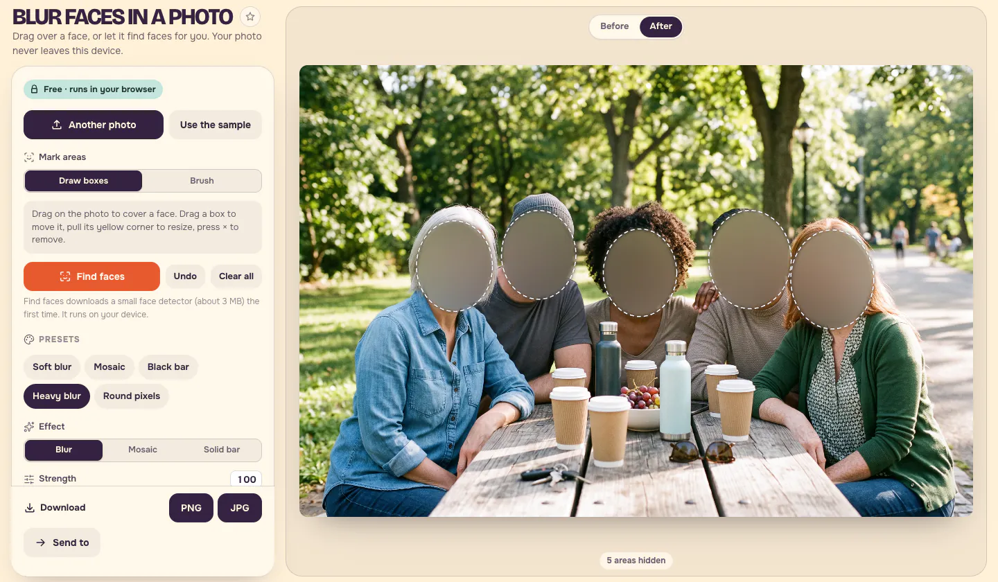 The Blur face tool with the picnic photo loaded, five dashed ovals over the faces, the Heavy blur preset selected and the Download PNG and JPG buttons at the bottom