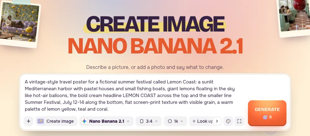 PopNow's image generator with Claude's Lemon Coast prompt in the prompt box, Nano Banana 2.1, 3:4 and 1K selected and the credit price on the Generate button