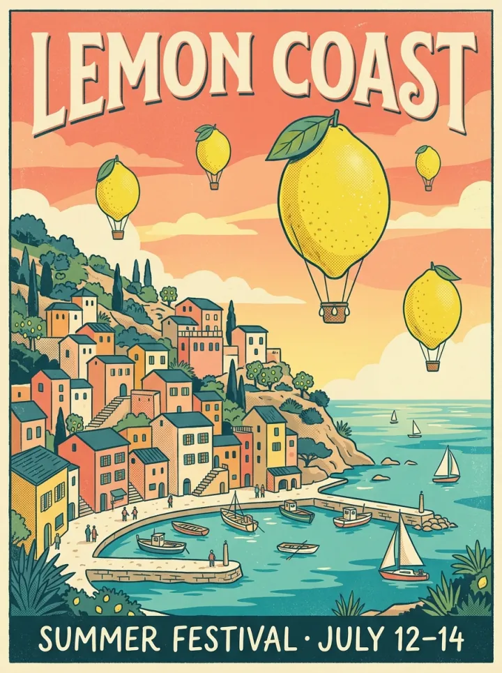Vintage screen-print travel poster with the headline Lemon Coast, a pastel harbor town, lemons floating like hot-air balloons and the line Summer Festival July 12 to 14
