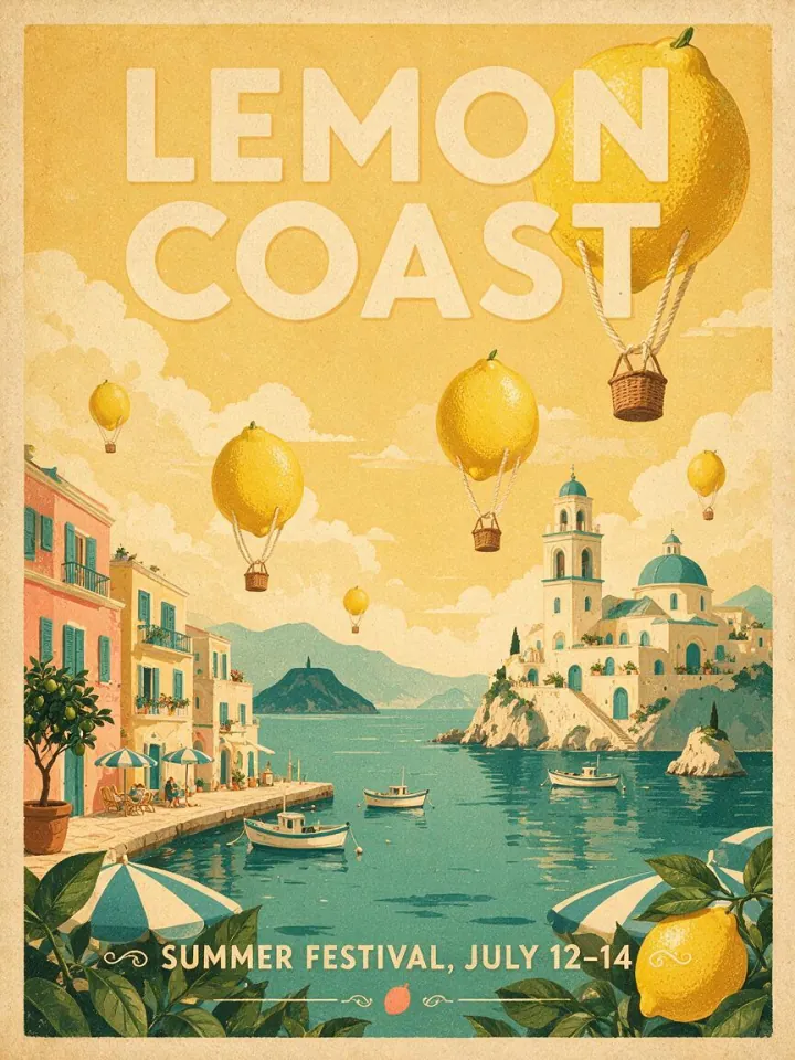 Seedream 5.0 Pro version of the Lemon Coast poster with softer faded colors