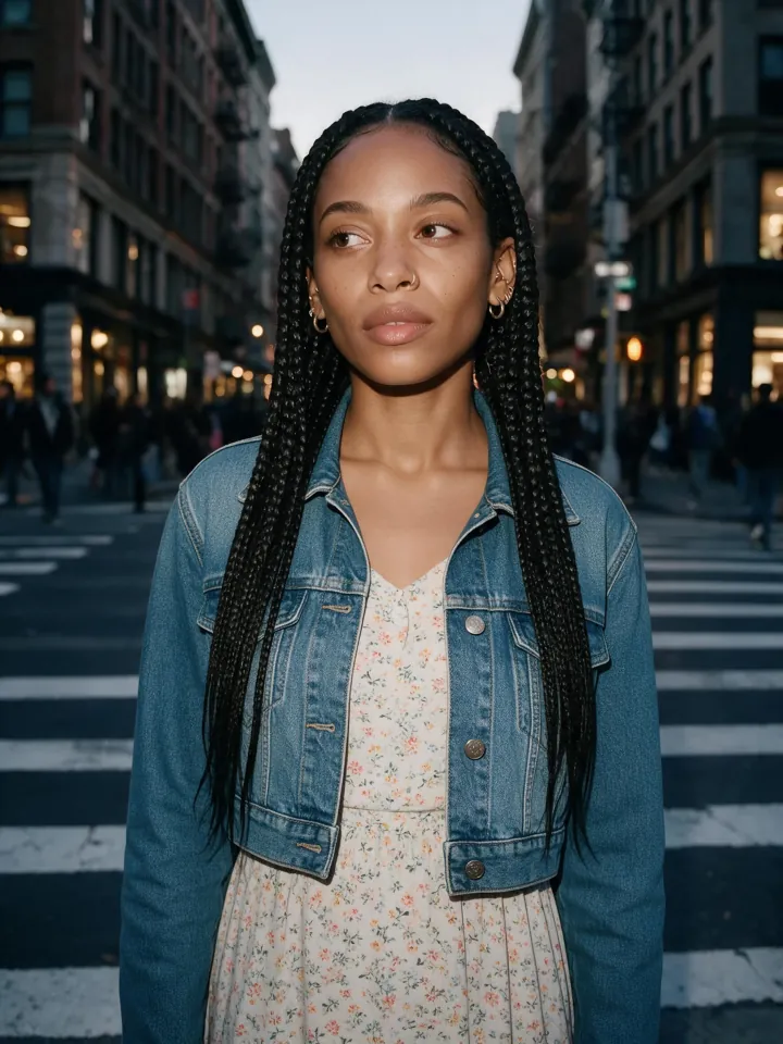 The same woman in a floral midi dress with a cropped denim jacket