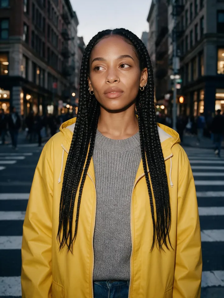 The same woman in a yellow hooded rain jacket over a grey sweater