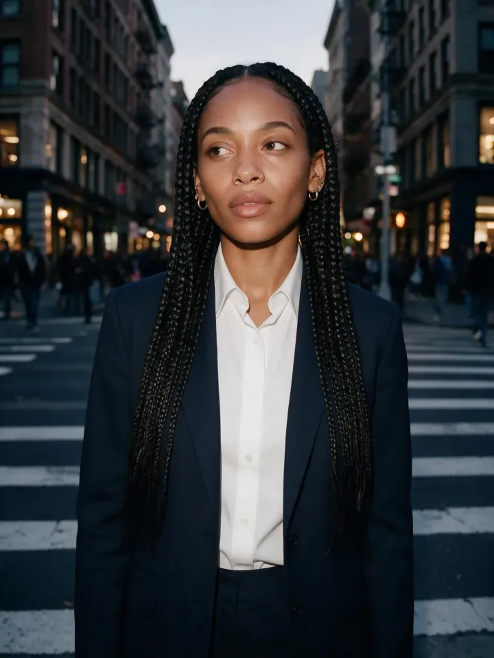 The same woman on the same crosswalk, now in a tailored navy trouser suit and a white shirt
