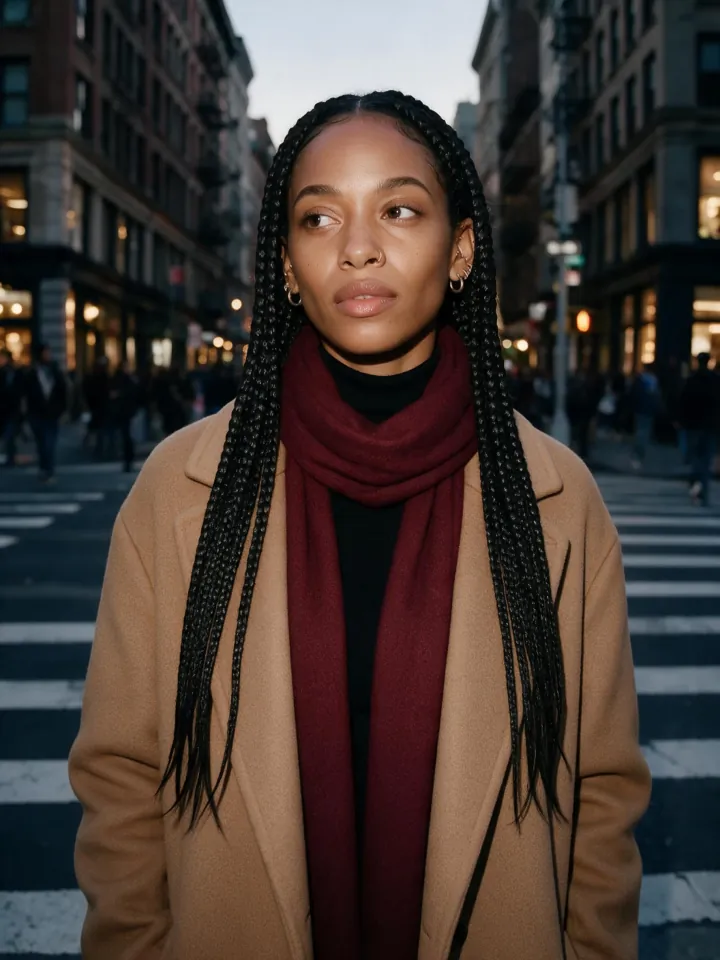 The same woman in a camel wool coat, black turtleneck and burgundy scarf