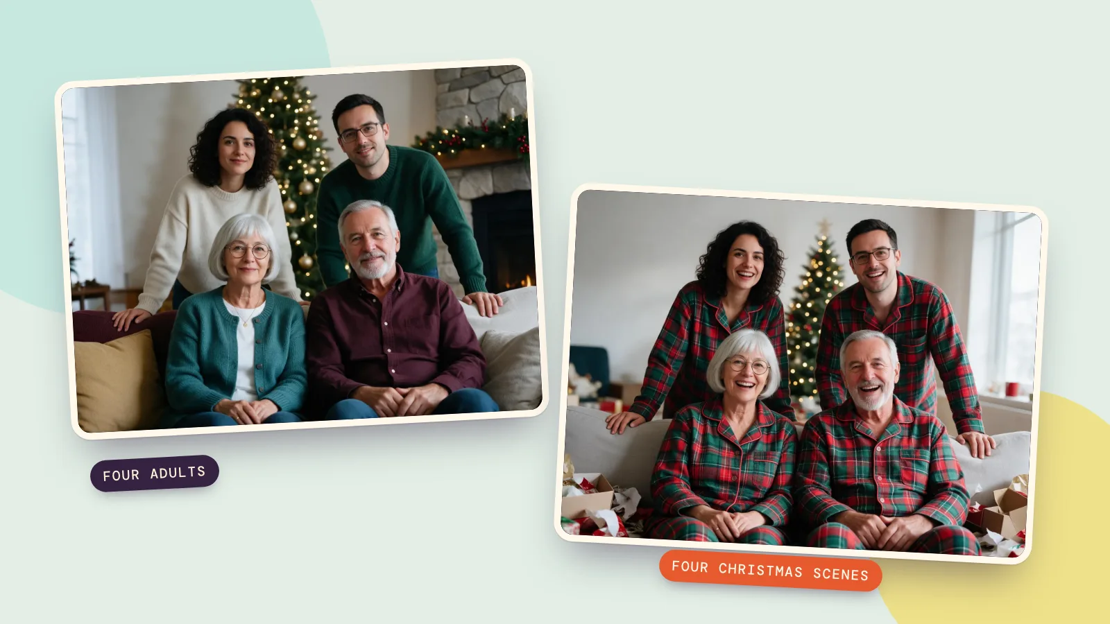 Four fictional adult relatives in Christmas group portraits by a tree, in matching pajamas and beside a fireplace