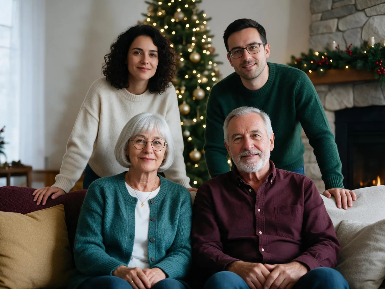 The same four adult relatives in coordinated festive clothes in a living room with a tree