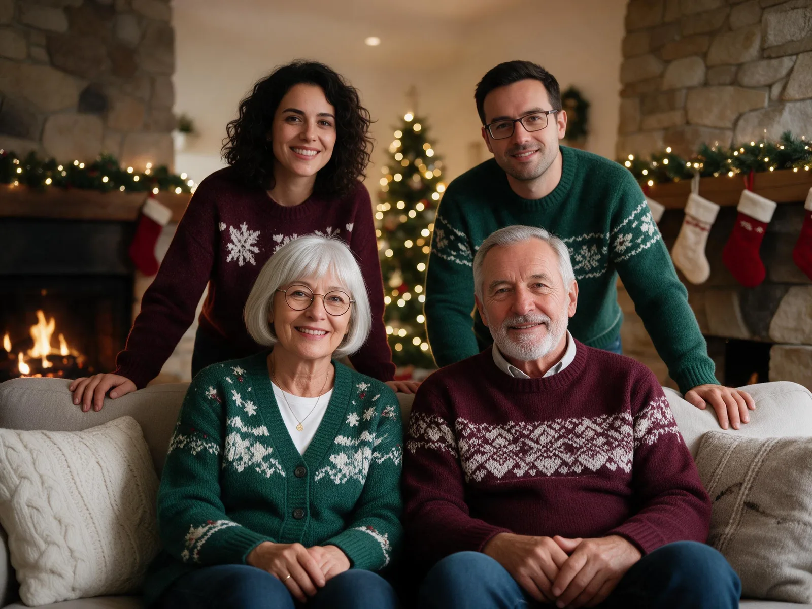 The same four adult relatives in festive knitwear beside a Christmas fireplace