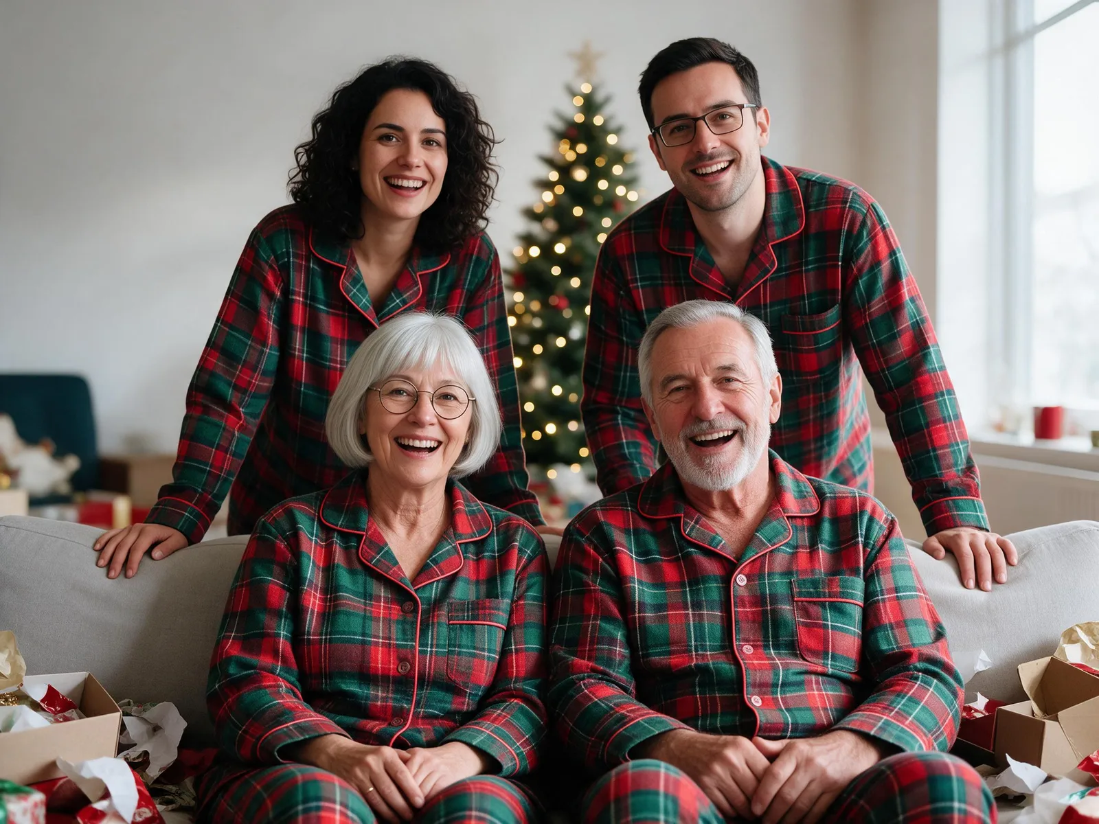 The same four adult relatives in plaid pajamas on a sofa with Christmas gifts