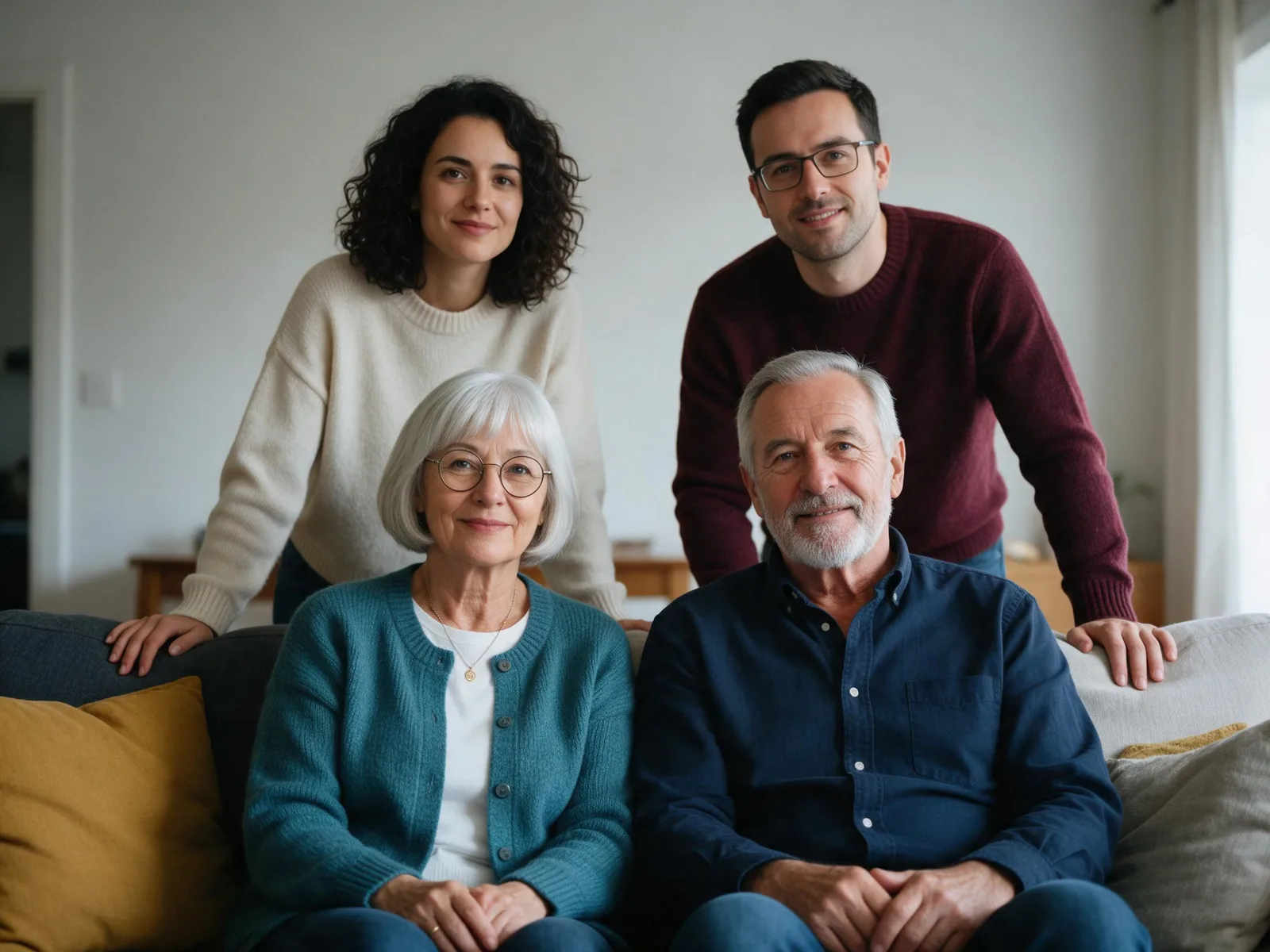 Four fictional adult relatives in a plain living room, parents seated and their grown-up daughter and son behind