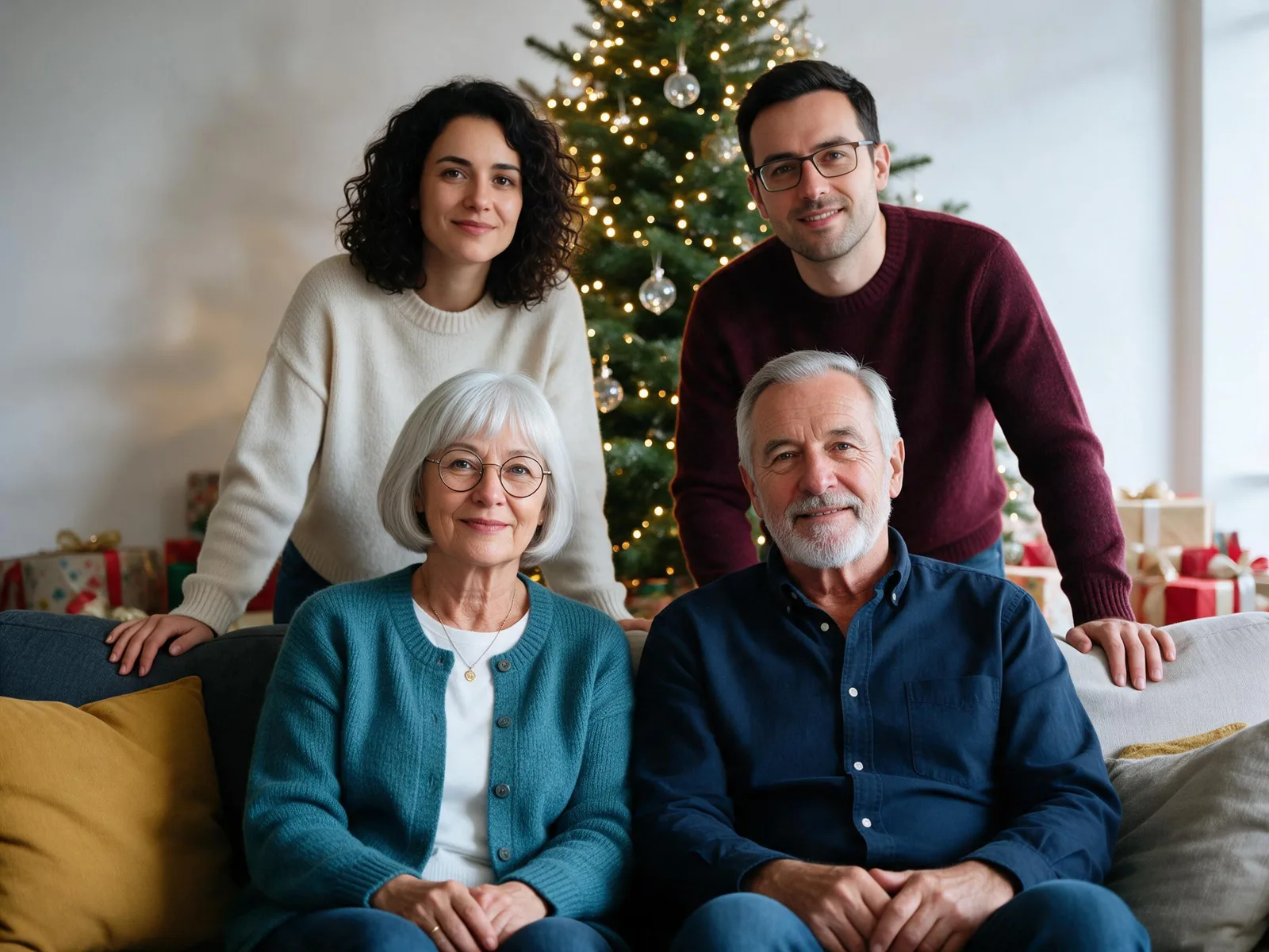 The same four adult relatives posed beside a decorated Christmas tree in their original clothes