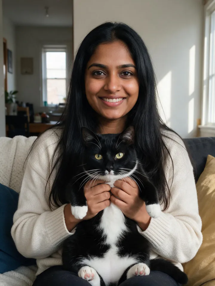A woman with long black hair in a cream sweater on a sofa holding a black and white tuxedo cat