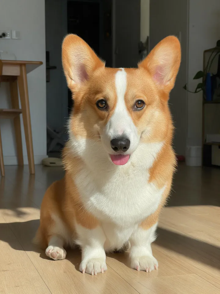A red and white corgi sitting on a wooden floor at home with its tongue slightly out