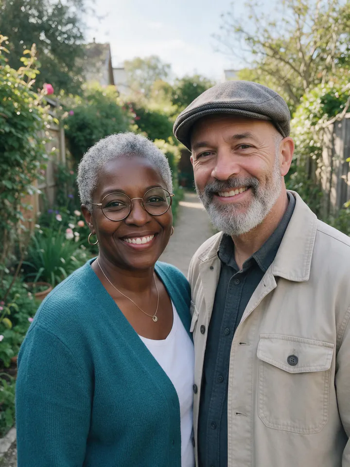 A couple in their late fifties on a garden path, a woman with short grey hair and round glasses in a teal cardigan and a man with a grey beard and a flat cap
