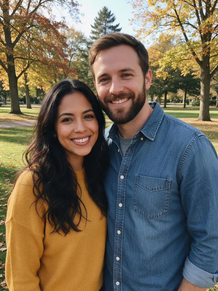 A smiling couple in an autumn park, a woman with long dark wavy hair in a mustard sweater and a bearded man in a denim shirt