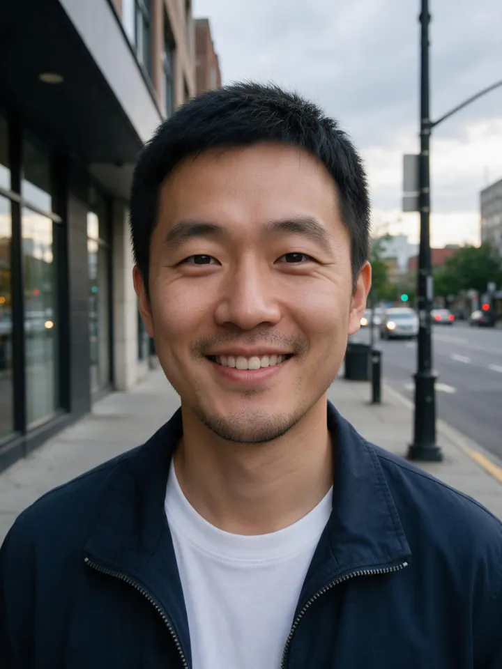 A man with short black hair and light stubble in a navy jacket smiling on a city sidewalk
