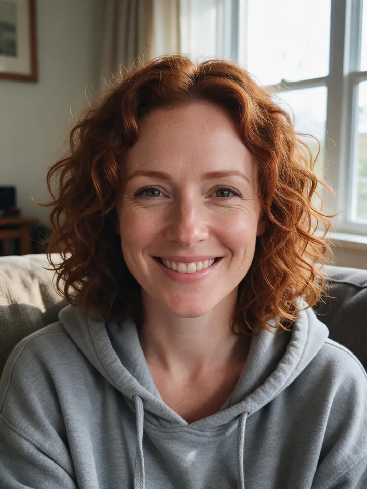 A woman with curly auburn hair and freckles in a grey hoodie smiling on a sofa at home