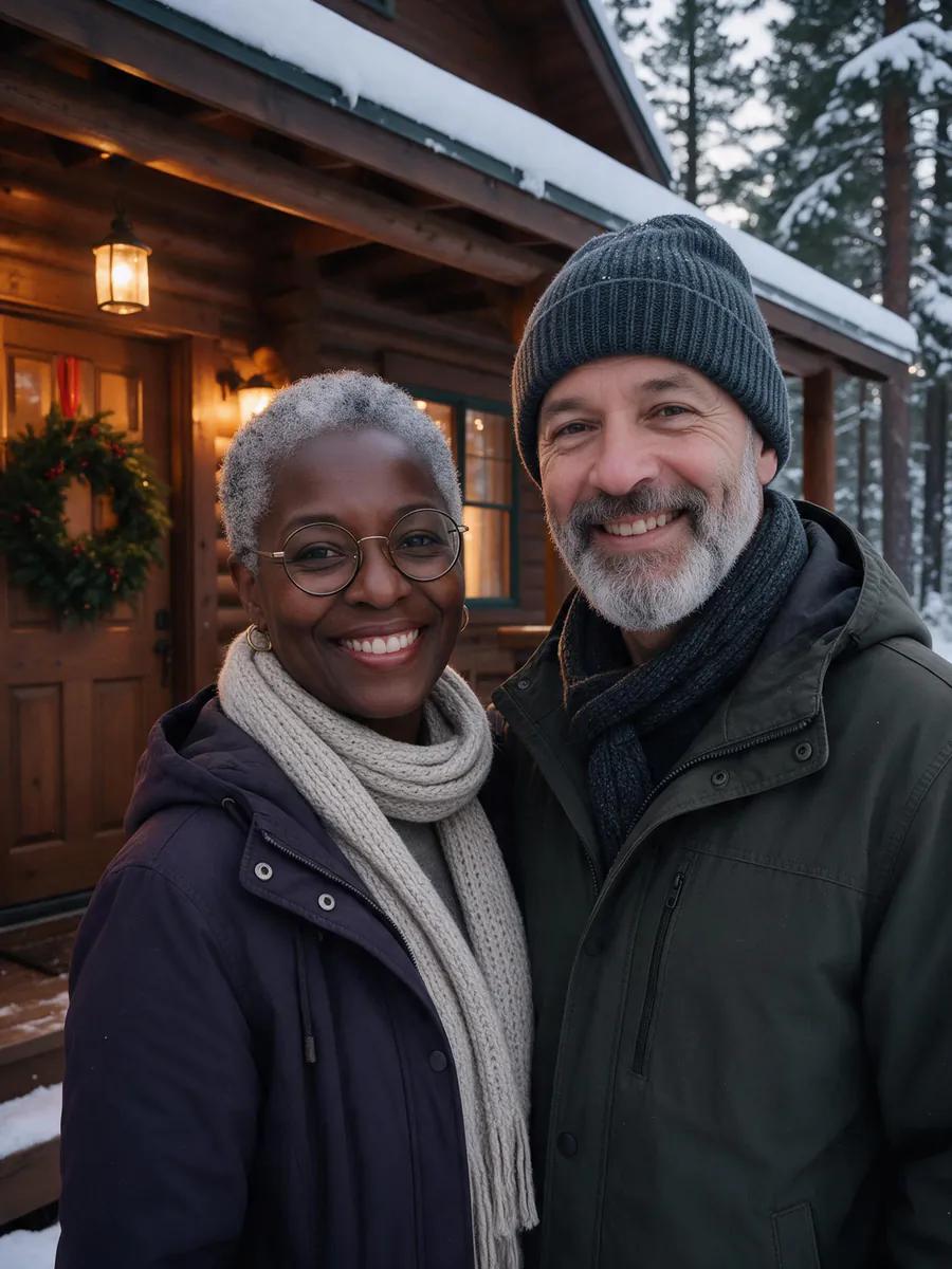 The same couple in winter jackets and scarves on the porch of a snowy log cabin, a wreath on the door and lanterns glowing