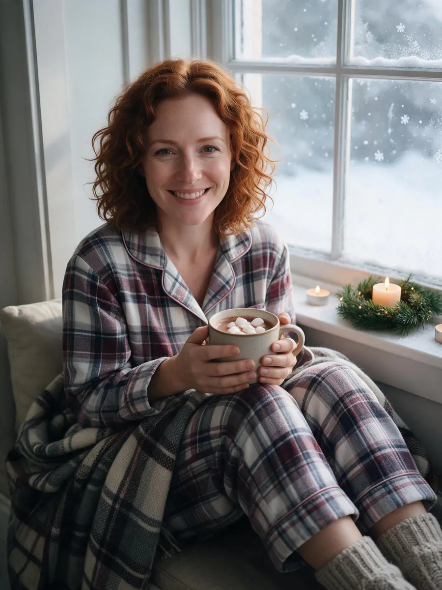 The same woman in plaid flannel pajamas on a window seat, holding a mug of cocoa with marshmallows, snow falling outside and candles on the sill