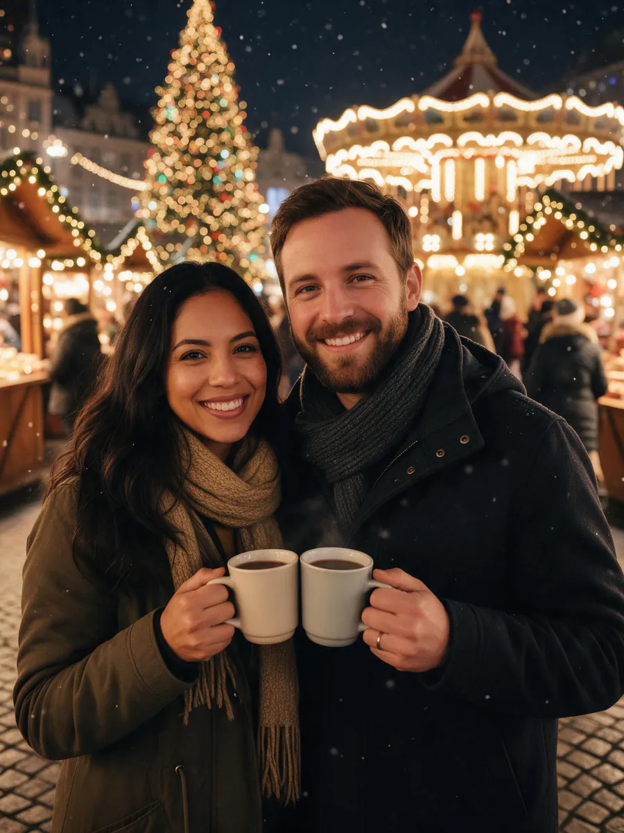 The same couple at a night Christmas market in winter coats and scarves, clinking white mugs, with a lit tree and a carousel behind them