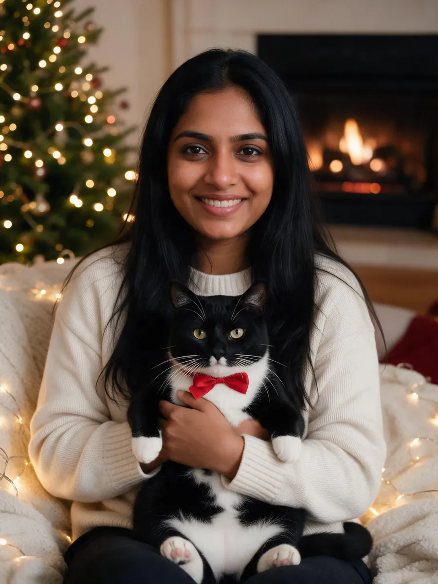 The same woman and cat on a sofa by a Christmas tree and a fireplace, the cat wearing a small red bow, fairy lights on the blanket