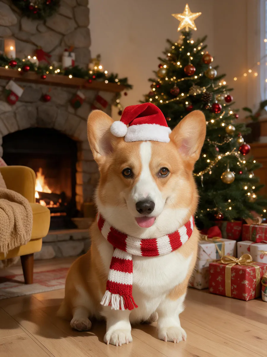 The same corgi wearing a small red Santa hat and a red and white striped knitted scarf in front of a Christmas tree, presents and a fireplace