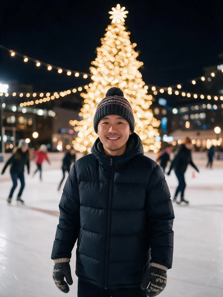 The same man in a black puffy jacket, knit beanie and patterned mittens on an ice rink at night, a giant glowing Christmas tree and string lights behind him