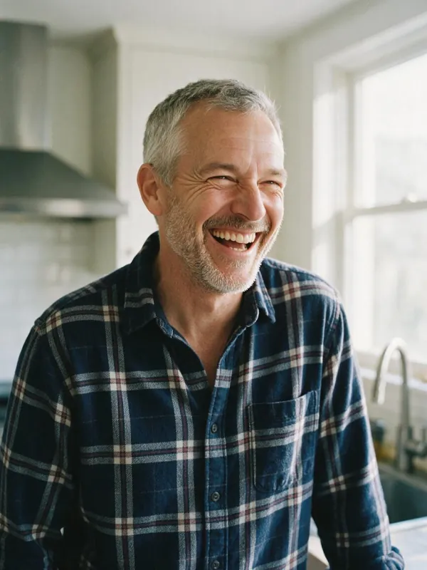 A grey-haired, grey-bearded man in a navy plaid flannel shirt laughing in a bright kitchen