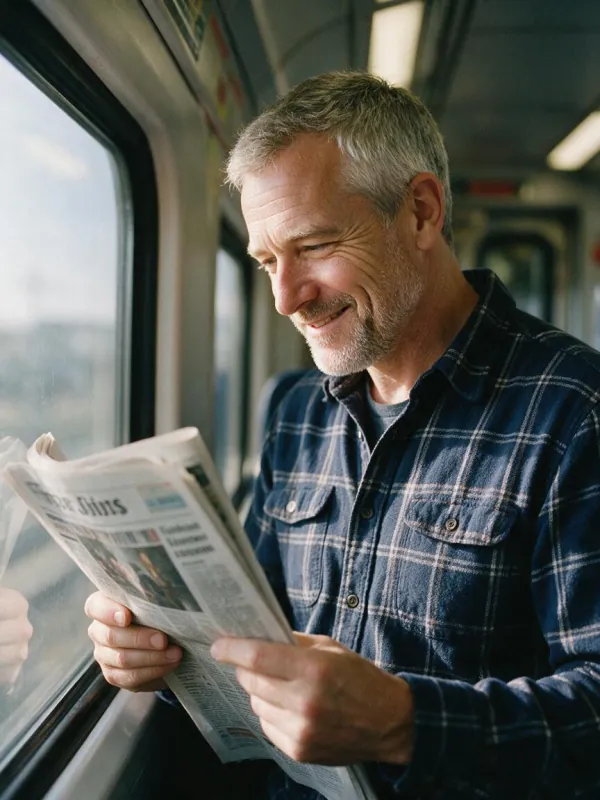 A third, different-looking man from the same description, reading on a train