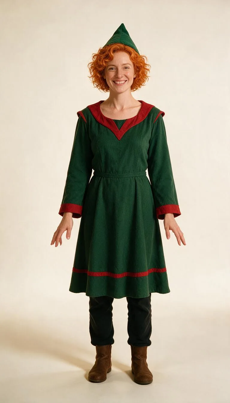 Fictional copper-haired adult wearing a green elf tunic with red trim and brown boots